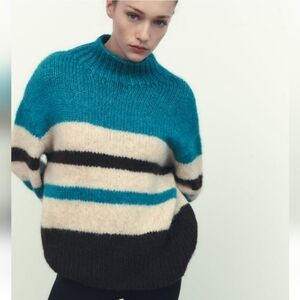 Zara Teal and Cream Striped Turtleneck Sweater